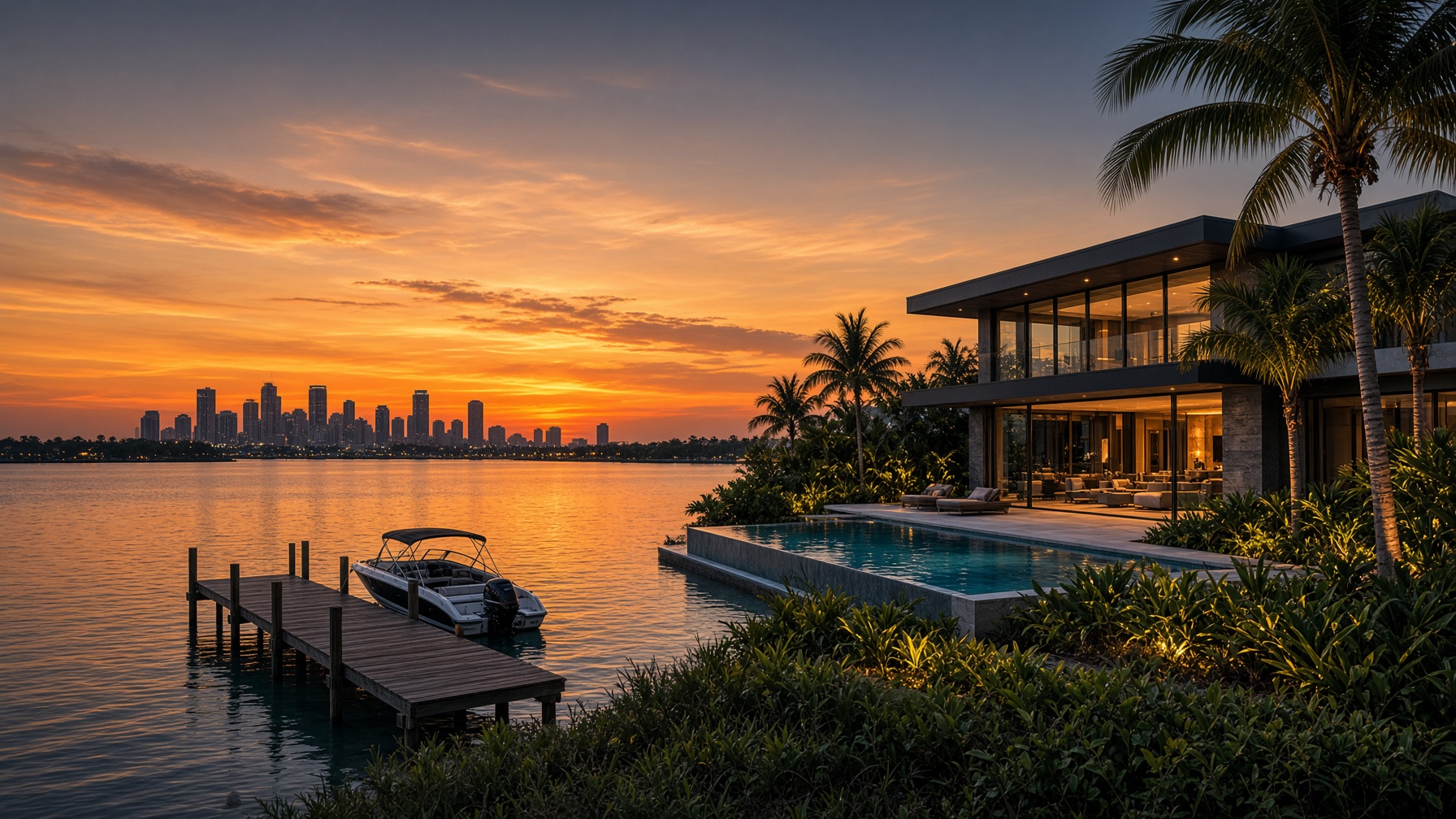 A Tampa Bay waterfront home at dusk