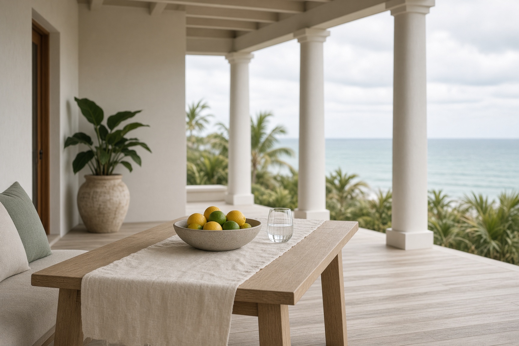 A covered lanai looking out past palms to open water
