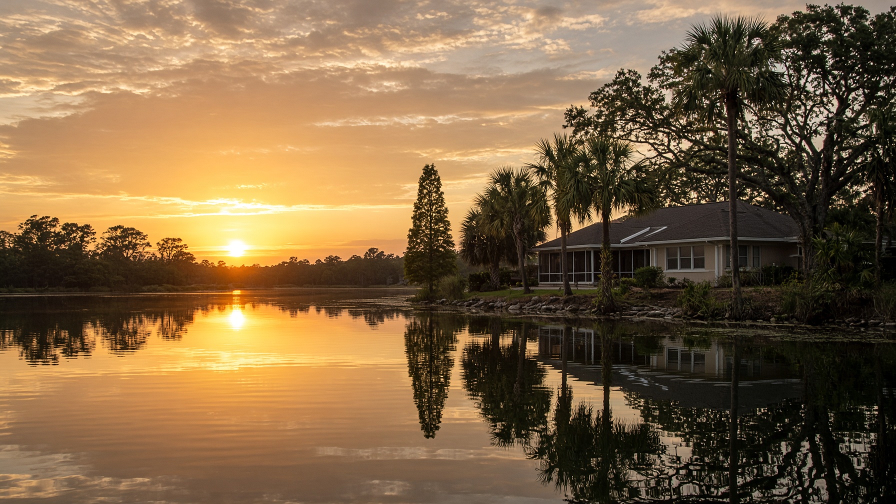 A lake at sunset with a home on the far shore
