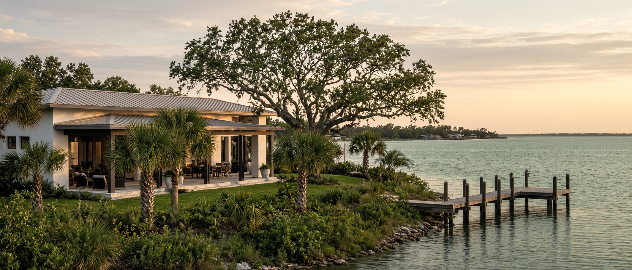 A coastal home under a wide live oak beside the water